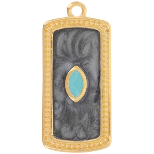 29x14mm rectangle pendant with epoxy resin - Fine Gold Plated - Black pearl x1