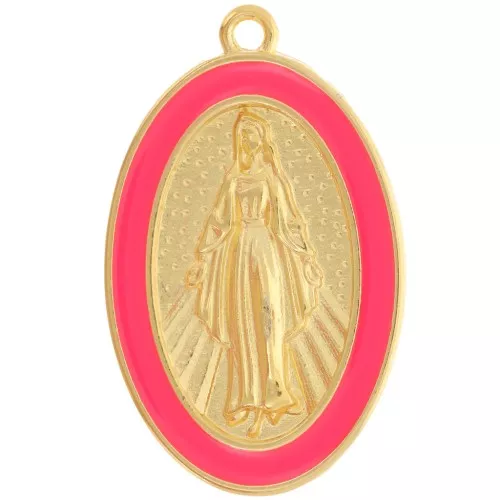 32x20mm Oval Virgin pendant with epoxy resin - Fine Gold Plated - neon coral x1