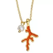 27x14mm Coral pendant with epoxy resin - Fine Gold Plated - White x1