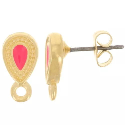 13x7mm Stud earrings epoxy vitrail effect - Fine gold plated - Neon Coral x2