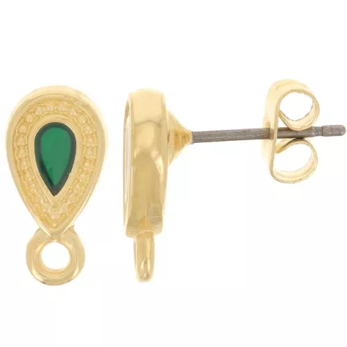 13x7mm Stud earrings epoxy vitrail effect - Fine gold plated - Green x2