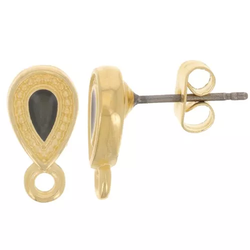 13x7mm Stud earrings epoxy vitrail effect - Fine gold plated - Black x2