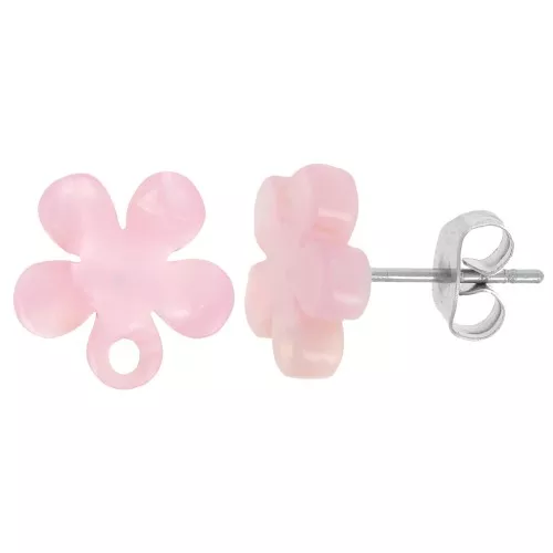 11mm Acetate Flower EarStuds - Tortoiseshell - Pink Pearl x2