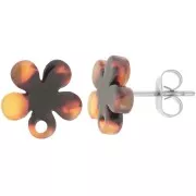 Clous d'oreilles fleur en acétate 11 mm - Ecaille de tortue - Marron - Noir x2