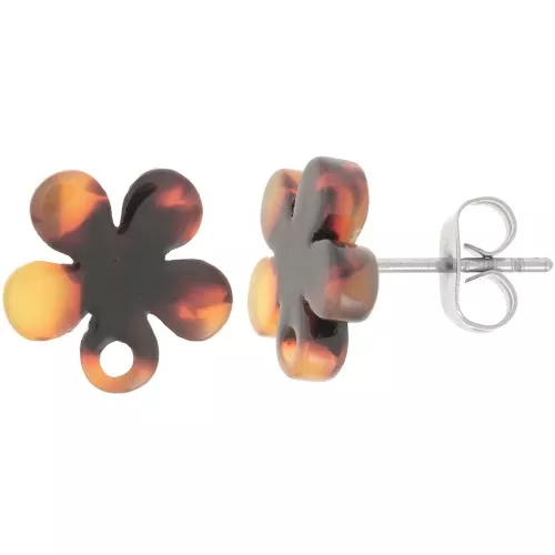 11mm Acetate Flower EarStuds - Tortoiseshell - Brown - Black x2