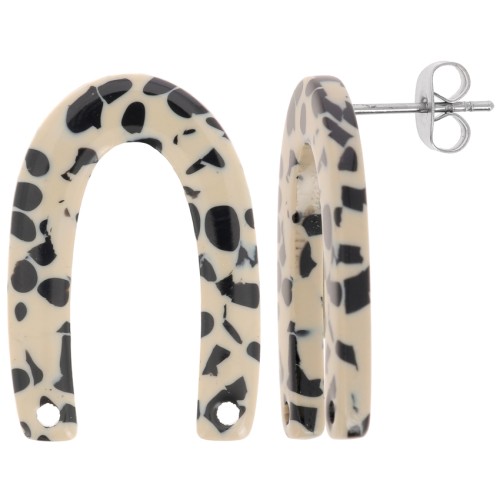 26x17mm U-shaped EarStuds - Mottled Black - Beige x2