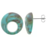 20mm Round hollow acrylic earstuds - Marbled Turquoise - Brown x2