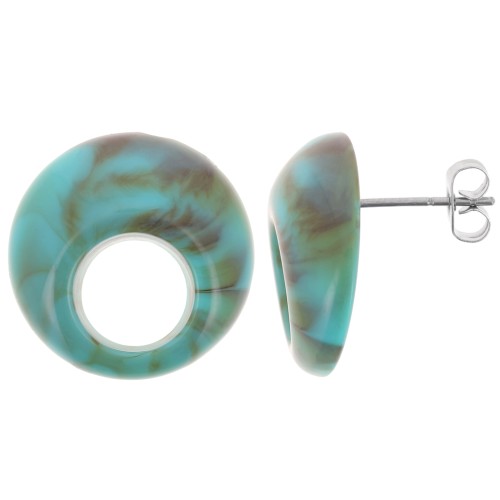 20mm Round hollow acrylic earstuds - Marbled Turquoise - Brown x2