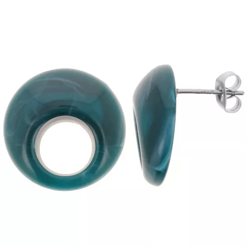 20mm Round hollow acrylic earstuds - Marbled Petrol Blue x2