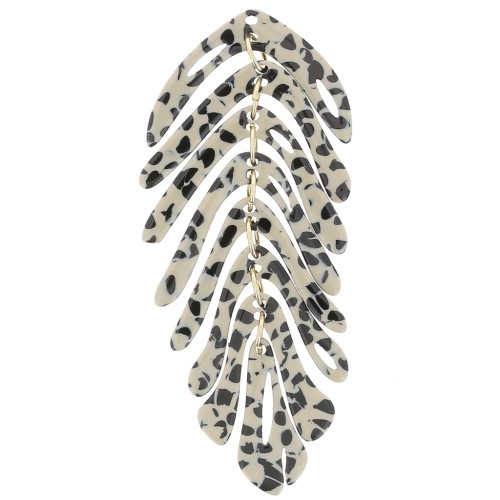 71x28mm Leaf pendant - Mottled Black - Beige x1