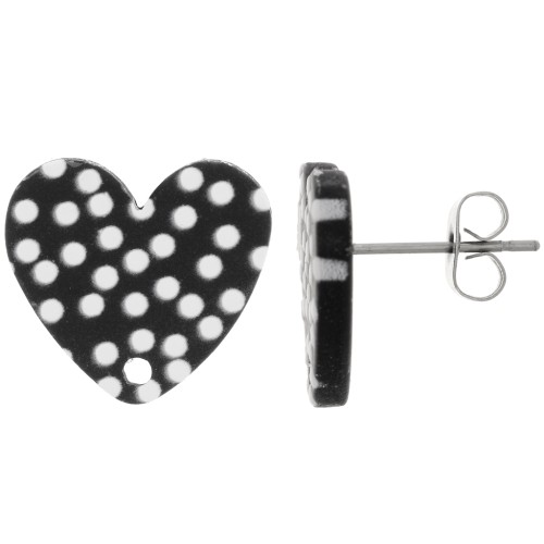 14x15.5mm Acrylic heart studs - Polka dot pattern - Black - White x2