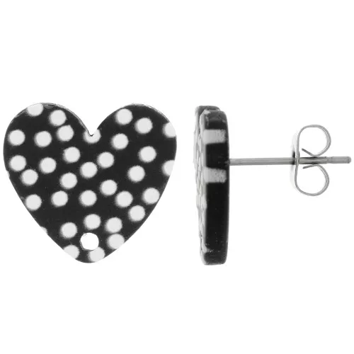 14x15.5mm Acrylic heart studs - Polka dot pattern - Black - White x2