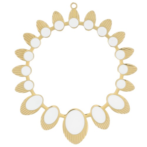 34mm St. steel round ethnic hollow pendant with epoxy resin - Gold - White x1