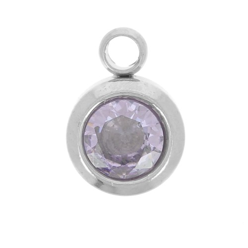 Birthstone charm 6mm zirconium oxide June Stainless steel 304L Light Amethyst