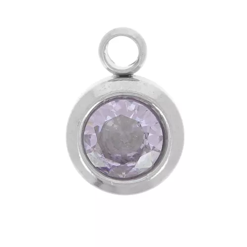 Birthstone charm 6mm zirconium oxide June Stainless steel 304L Light Amethyst