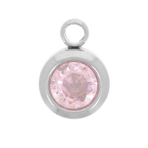 Birthstone charm 6 mm zirconium oxide October 304L stainless steel - Pink