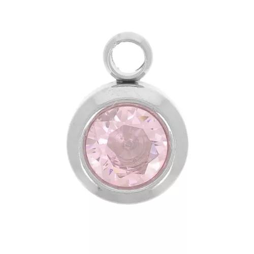 Birthstone charm 6 mm zirconium oxide October 304L stainless steel - Pink