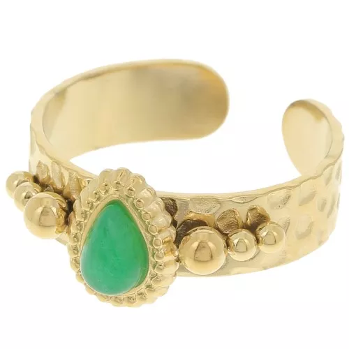 304L stainless steel Ethnic ring - gemstone cabochon S.52 à 56 - Aventurine x1