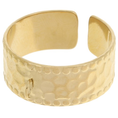 Wide, hammered, adjustable ring with an open band - Sizes 53–58, 304L Stainless Steel, Gold-Plated