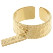 Wide, hammered, adjustable ring with an open band - Sizes 53–58, 304L Stainless Steel, Gold-Plated