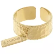 Wide, hammered, adjustable ring with an open band - Sizes 53–58, 304L Stainless Steel, Gold-Plated