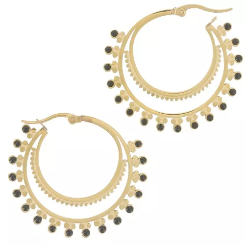 40mm 316L stainless steel Oriental and epoxy resin hoop earrings - Black Gold x2