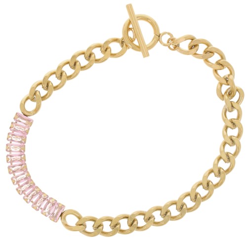 6mm 304L Stainless Steel Curb Bracelet with zirconium oxides - Gold - Pink x19.5cm