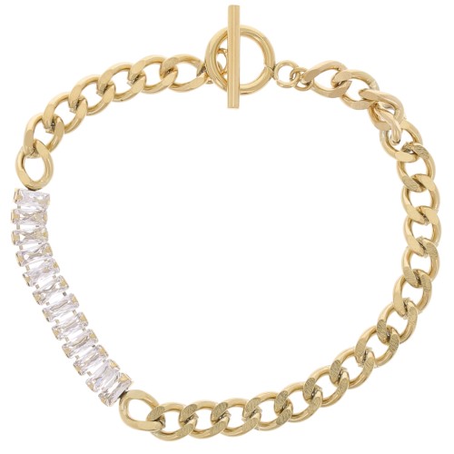 Bracelet Curb 6mm with zirconium oxides Stainless steel 304L Gold Crystal x19cm