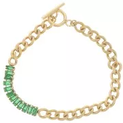 6mm 304L St. Steel Curb Bracelet with zirconium oxides - Gold - Green x19.5 cm