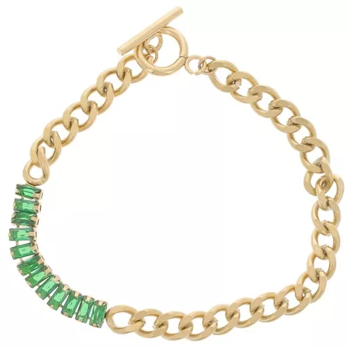 6mm 304L St. Steel Curb Bracelet with zirconium oxides - Gold - Green x19.5 cm