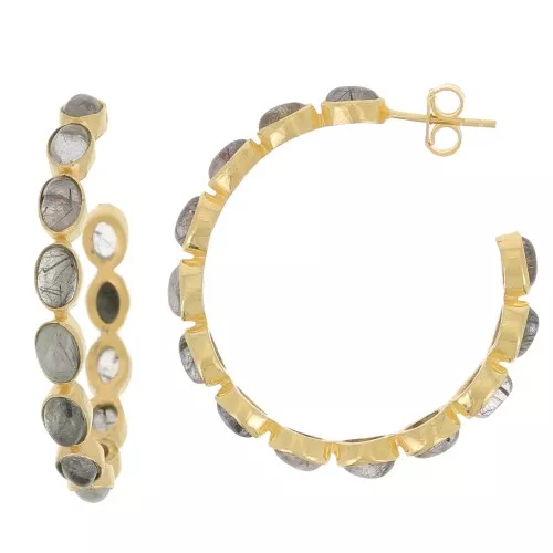 43mm hoop earrings set with gemstones - Fine gold plated - Rutile quartz x2