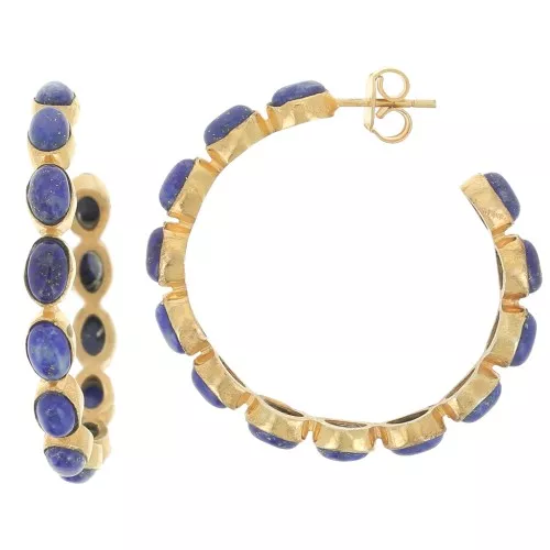 43mm hoop earrings set with gemstones - Fine gold plated - Lapis lazuli x2