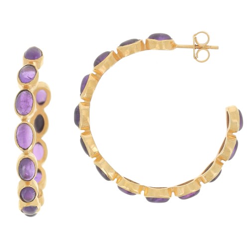 43mm hoop earrings set with gemstones - Fine gold plated - Amethyst x2