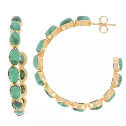 43mm hoop earrings set with gemstones - Fine gold plated - Malachite x2
