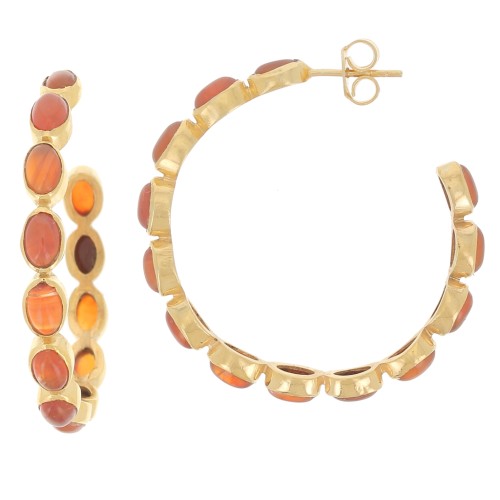 43mm hoop earrings set with gemstones - Fine gold plated - Carnelian x2