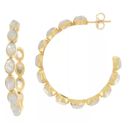 43mm hoop earrings set with gemstones - Fine gold plated - Moonstone x2
