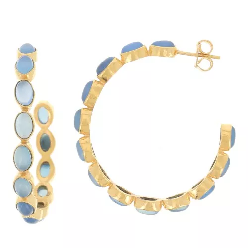43mm hoop earrings set with gemstones - Fine gold plated - Blue chalcedony x2