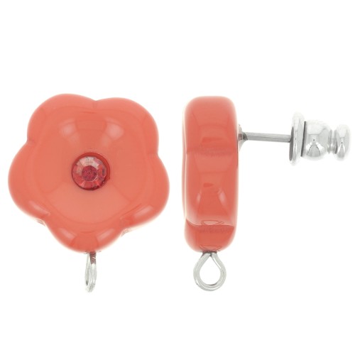15mm resin flower studs with rhinestones - Terracotta x2
