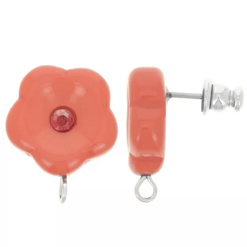 15mm resin flower studs with rhinestones - Terracotta x2
