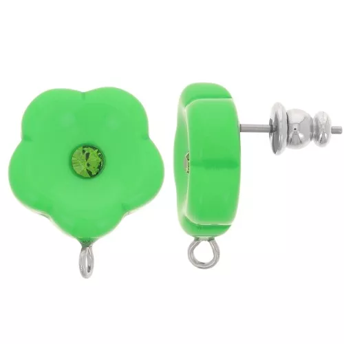 15mm resin flower studs with rhinestones - grass green x2