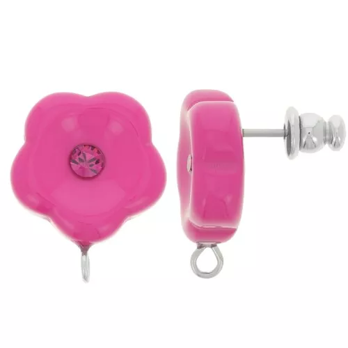 15mm resin flower studs with rhinestones - Fuchsia x2