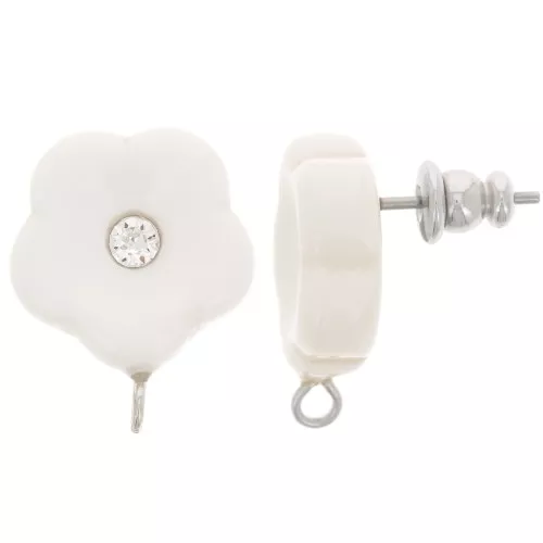 15mm resin flower studs with rhinestones - Ivory x2