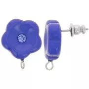 15mm resin flower studs with rhinestones - Royal Blue x2