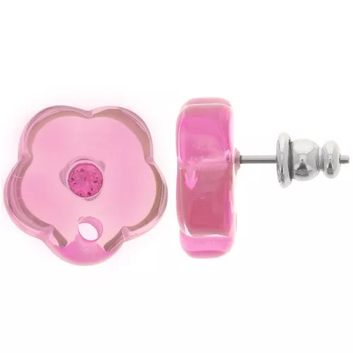 15mm clear resin flower studs with rhinestones - Pink x2