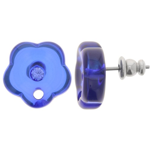 15mm clear resin flower studs with rhinestones - Royal Blue x2