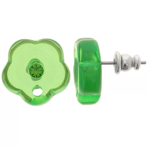 15mm clear resin flower studs with rhinestones - grass green x2