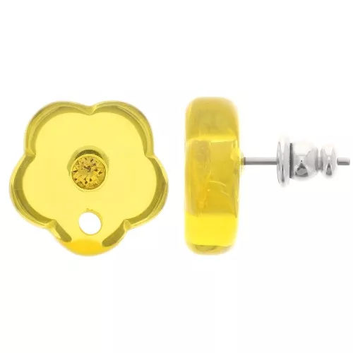 15mm clear resin flower studs with rhinestones - Sunshine yellow x2