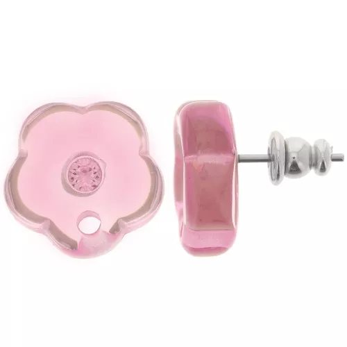15mm clear resin flower studs with rhinestones - Light pink x2