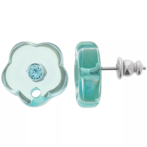 15mm clear resin flower studs with rhinestones - Water green x2