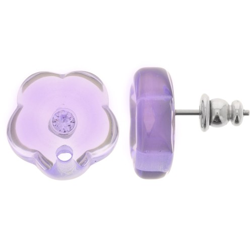 15mm clear resin flower studs with rhinestones - Lavender x2